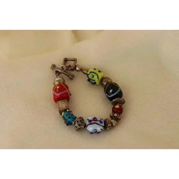 Silver and art glass bead bracelet‎ 925 colorful 8 inch, multicolored gift hobo - Picture 6 of 6